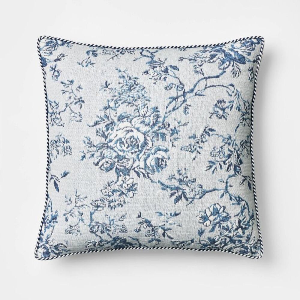 Oversized Square Floral Jacquard Pillow Blue - Thr Blue